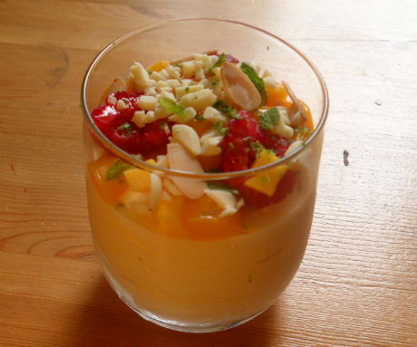 Mango Mousse with raspberry and mint