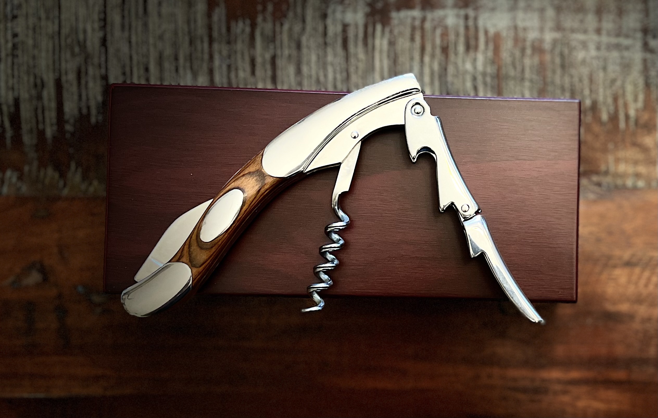 Flint & Flame's Sommelier Corkscrew In Wood Box is the perfect accessory to an santoku knife